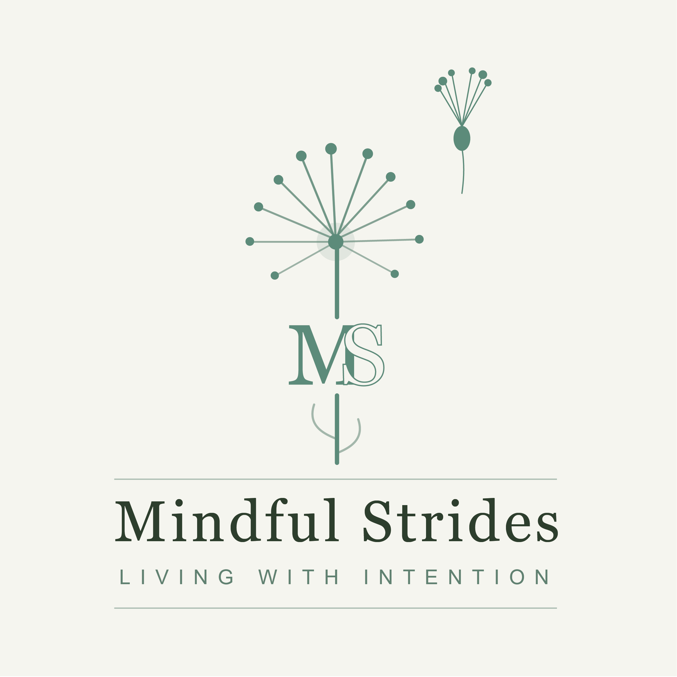 The Mindful Strides mark — a dandelion releasing a single seed